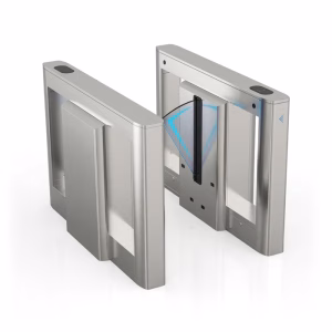 An automated VARITO VG-FB2216 flap barrier turnstile system made of brushed stainless steel with dual blue acrylic wing barriers, shown in a modern office building lobby.